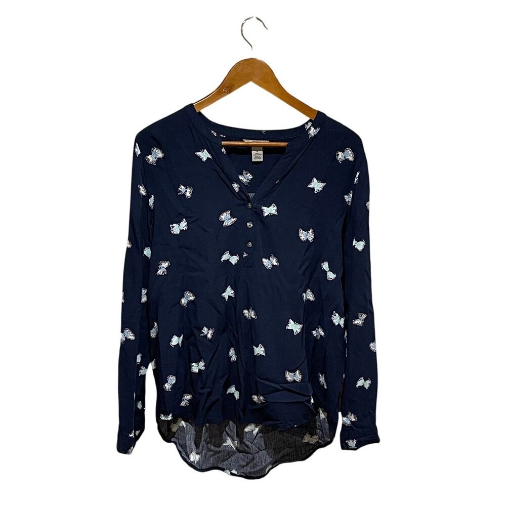 Bass Blouse Size M‎ Long Sleeve Butterfly Button Down Roll Tab Sleeves